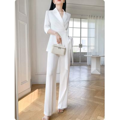 白色七分袖西装套装女夏装气质女神范高端通勤职业收腰西服两件套