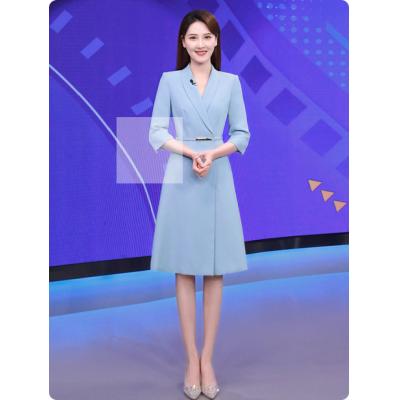 潜贝贝蓝色七分袖主持人公务员西装连衣裙教师讲解商务职业正装裙