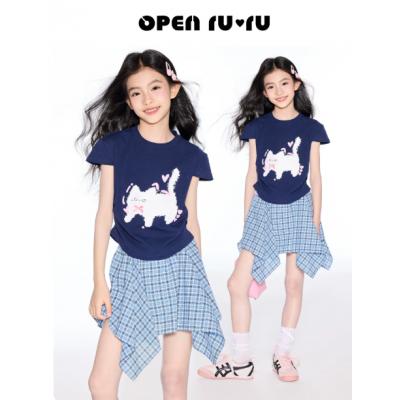 opennunu女童猫咪正肩短袖T恤夏季新品儿童甜美印花修身短款上衣